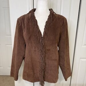 Dialogue Brown Suede Leather Fringe Jacket Large Y2K Vintage Western Boh